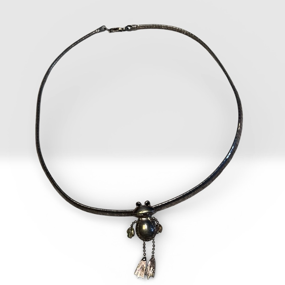 Silver Frog Pendant on Silver Choker Herringbone Chain, Y2K